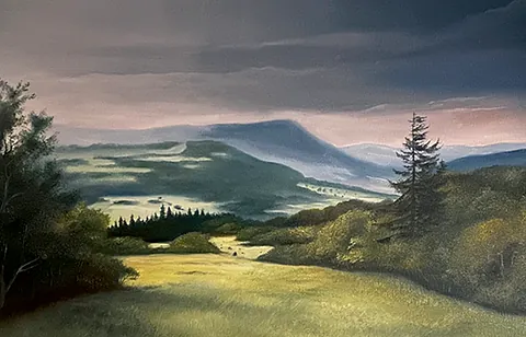Gemälde Landschaft mit Wiesen und Berge